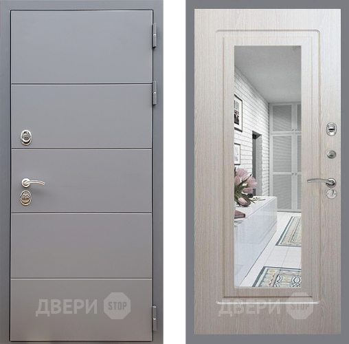Входная металлическая Дверь Стоп АРТ ГРАФИТ Зеркало ФЛ-120 Беленый дуб